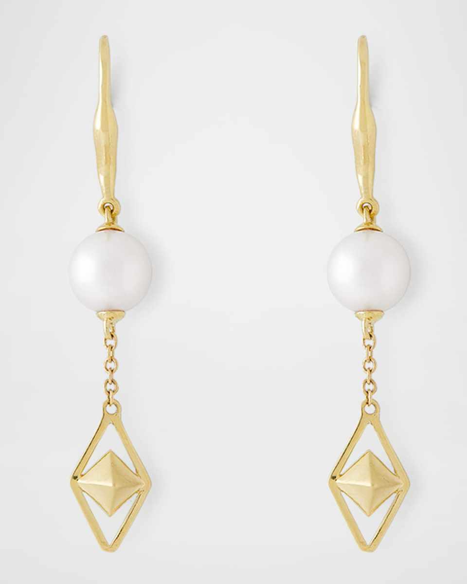 18K Yellow Gold 8.5mm Akoya 2- Pearl and Cube Drop Earrings